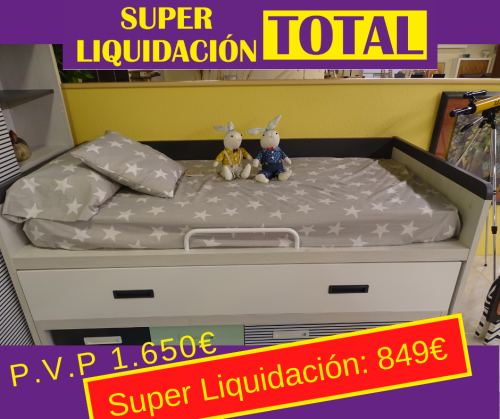 Compacto dormitorio infantil compuesto por dos camas de 90x190, cama inferior desplazable con frente abatible. 202x89Hx102F
